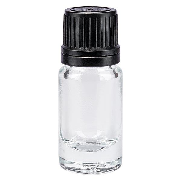 Apoteksflaska klar 5 ml skruvkork svart hällring manipuleringssäker förslutning Apoteksflaska klar 5 ml skruvkork svart hällring manipuleringssäker förslutning