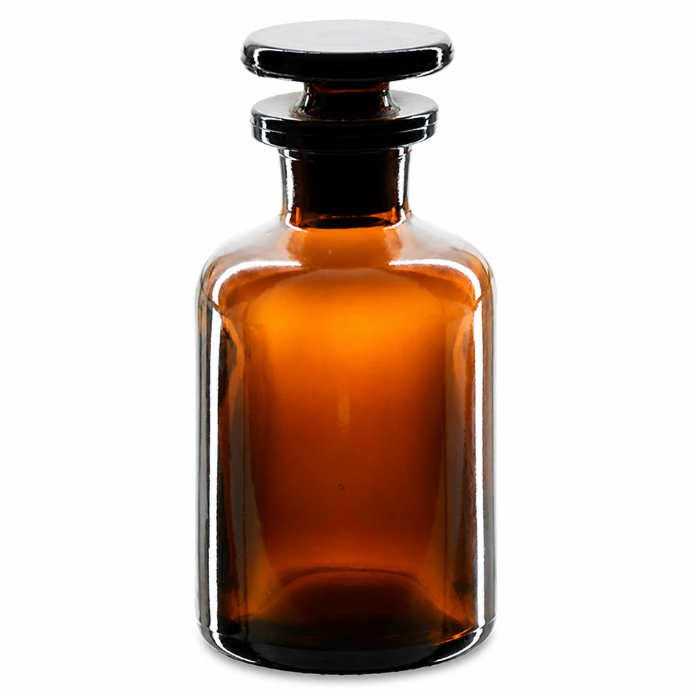 Brun rundskuldrad flaska, 50 ml, med glaspropp för laboratoriebruk och kemiska reagenser