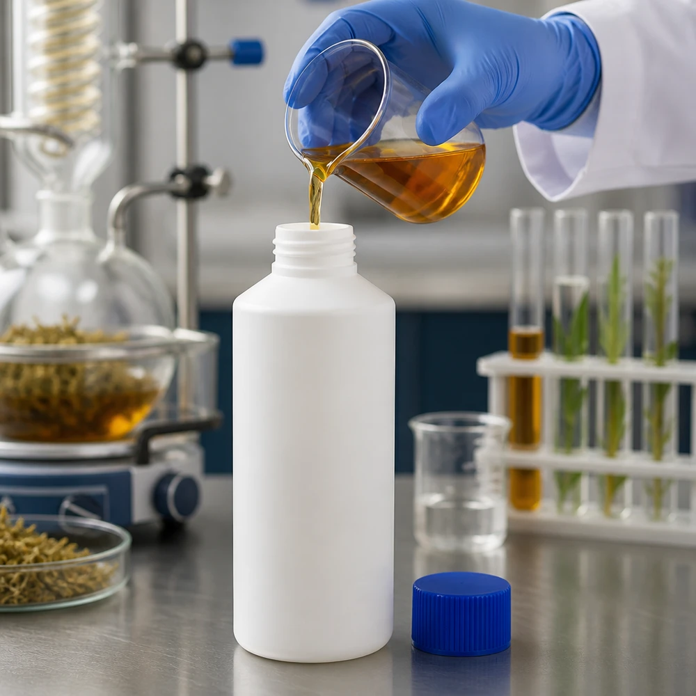Apoteksflaska HDPE 100ml vit, med blått skruvlock Vit HDPE-apotekflaska på 100 ml med blå säkerhetsförslutning fylls på i laboratoriet