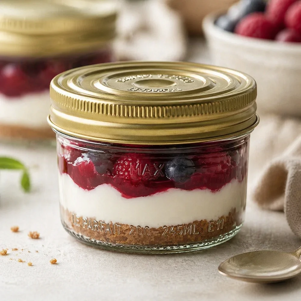 245 ml Familia Wiss-glas med gyllene lock fyllda med bär och grädde dessert på träbord