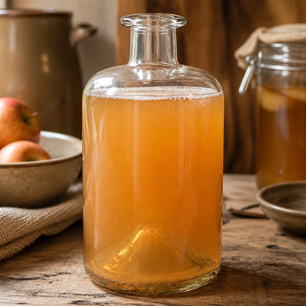 500ml apoteksflaska Sofia fylld med Kombucha fermenterad dryck kök rustik träbord glasflaska UNiTWIST