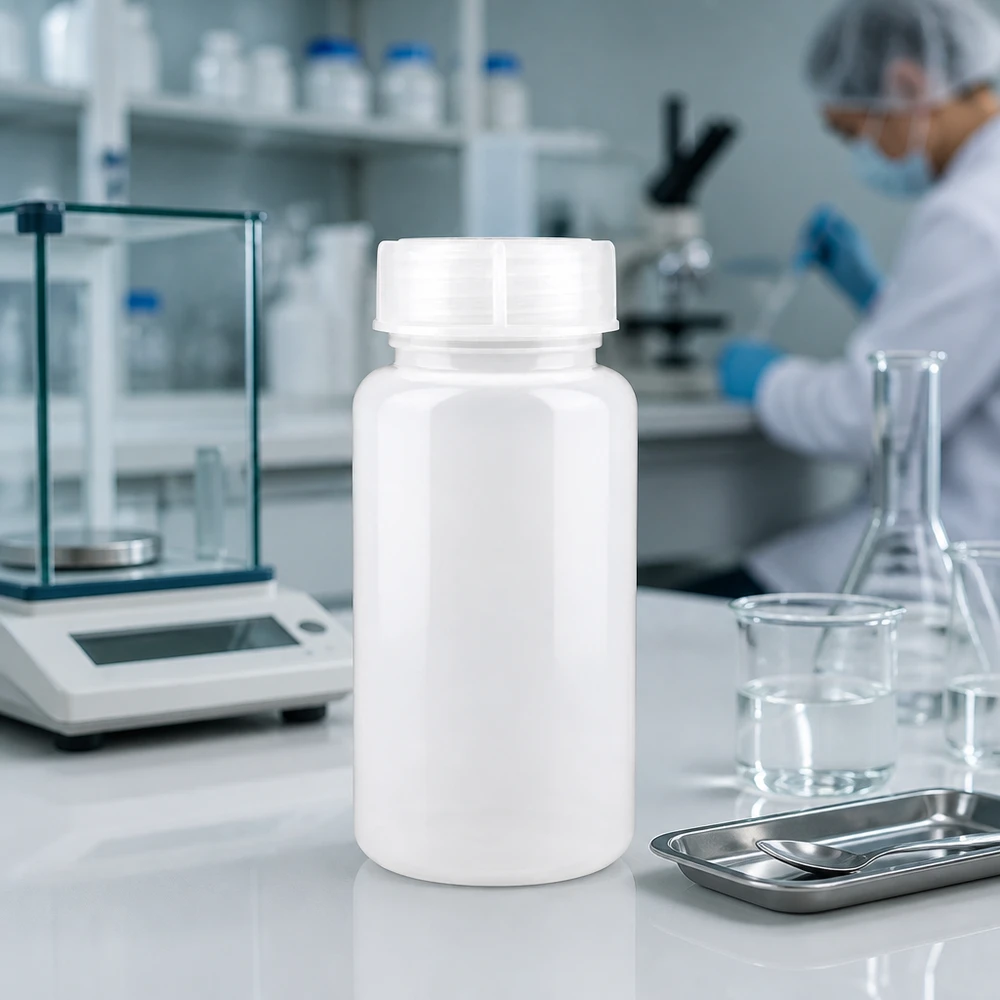1000 ml laboratorieflaska med vid hals och skruvkork 1000 ml HDPE-laboratorieflaska med vid hals och skruvlock på laboratoriebordet bredvid analysvågen