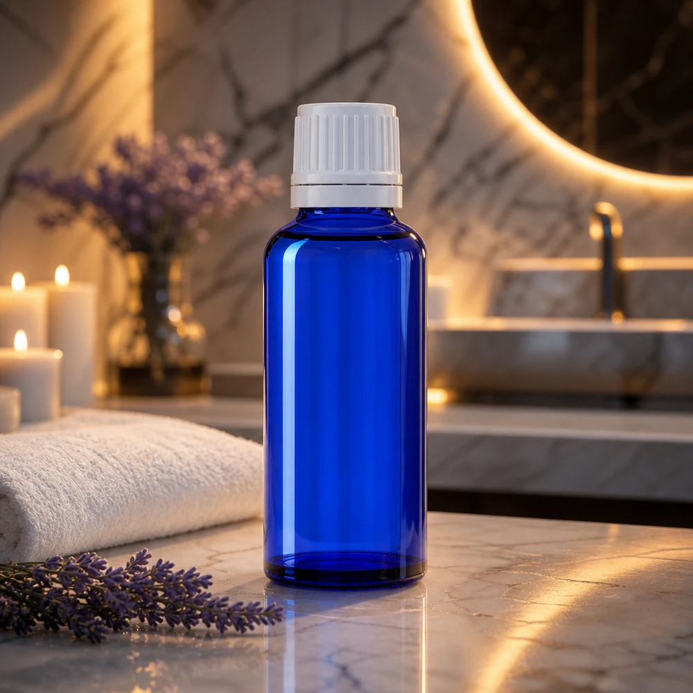 Blå 30 ml ApoGlas-droppflaska med vitt lock på marmor, bredvid lavendelkvistar och ljus