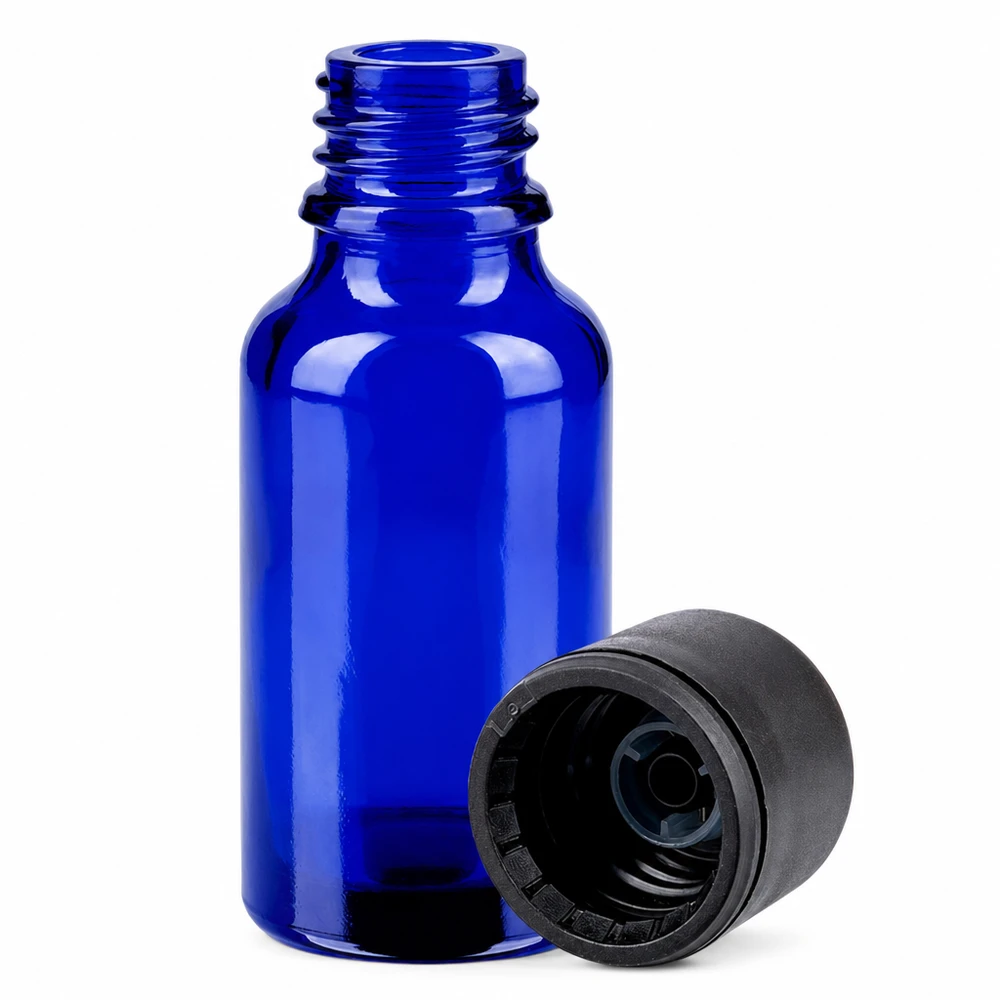 20 ml BlueLine-glasflaska med UT18/20-gänga och svart standardlock för laboratorieapplikationer