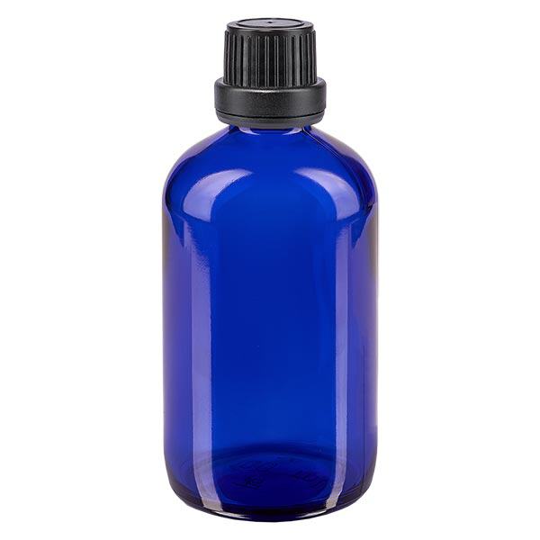 Apoteksflaska blå 100ml skruvkork svart säkerhetsförslutning Apoteksflaska blå 100ml skruvkork svart säkerhetsförslutning
