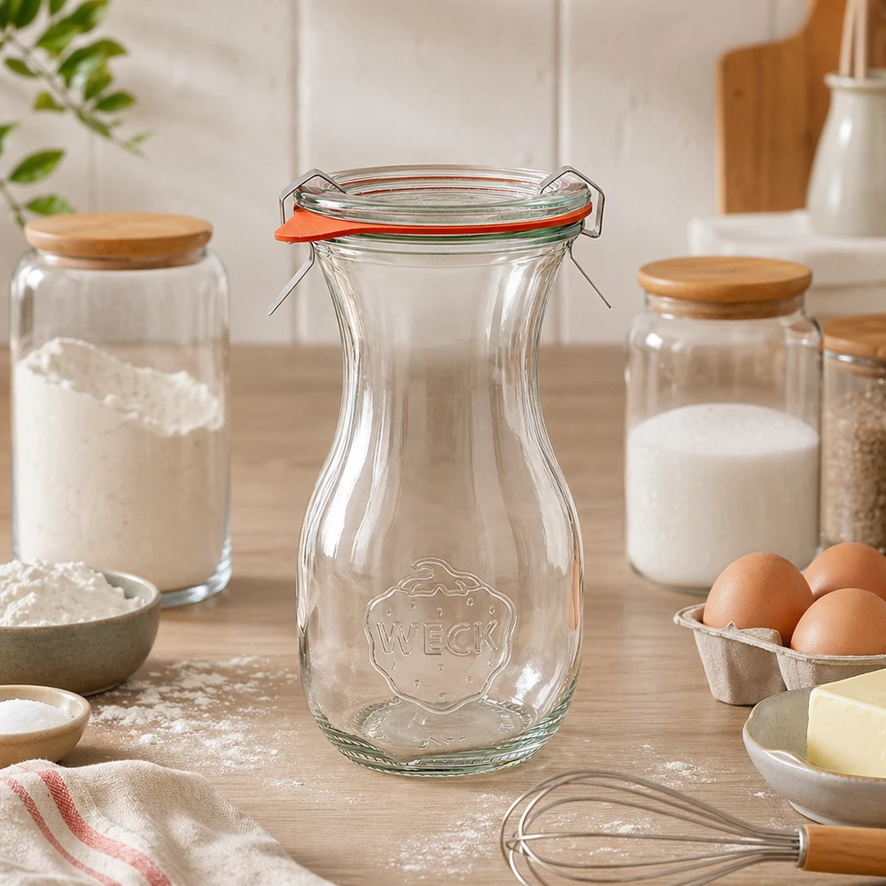 WECK juiceflaska 290ml RR60 tom i modernt kök mellan bakingredienser och förvaringsburkar på bänkskivan