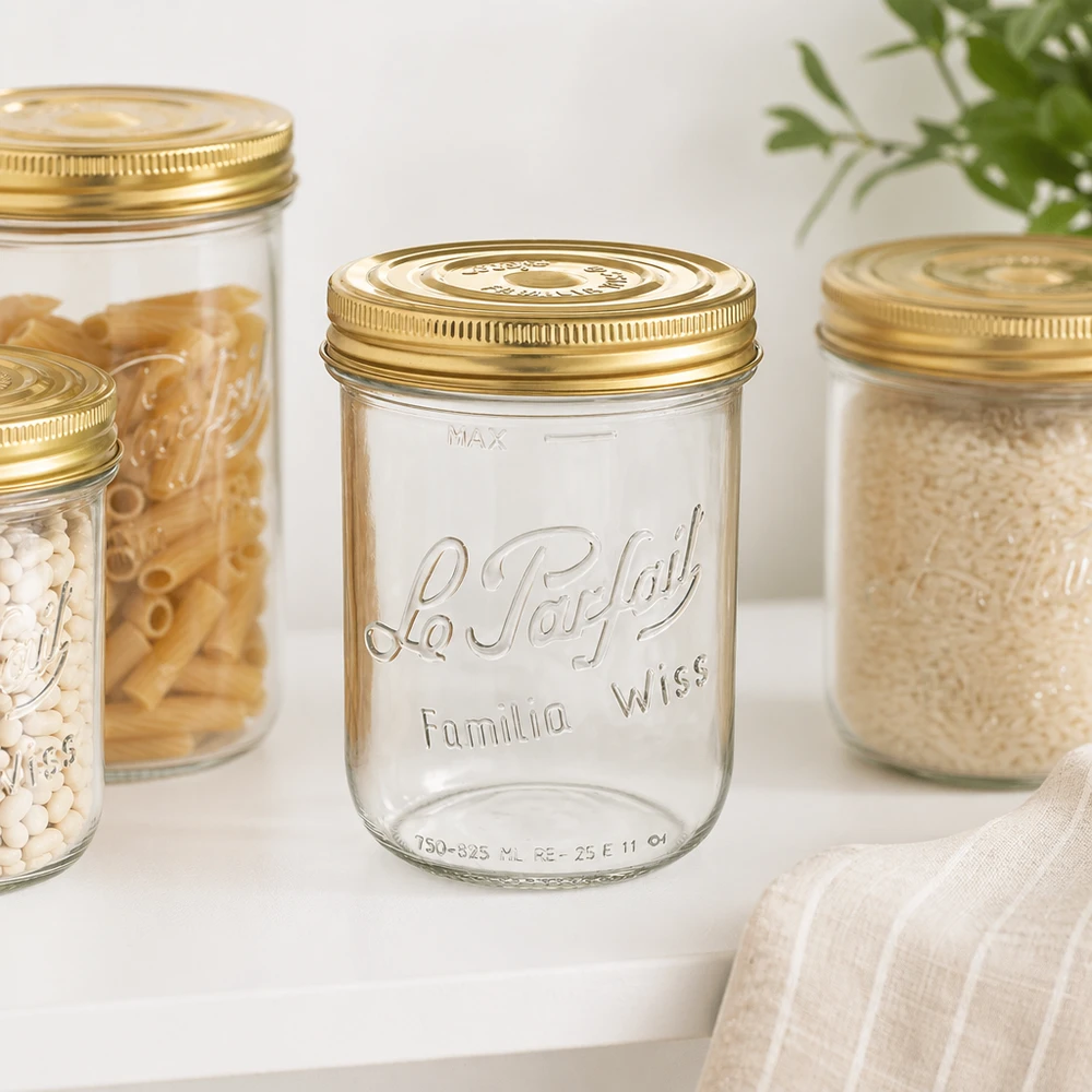 Le Parfait® Familia Wiss 1 kg Ø100 mm burk Familia Wiss 1020 ml murarburk med guldlock för konservering och förvaring i köket