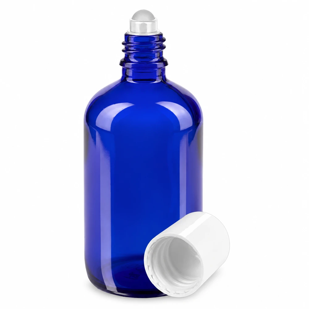 Apoteksflaska blå 100ml roll-on lock vit 100 ml blå roll-on-flaska av apotekerglas med vitt lock och rullkula