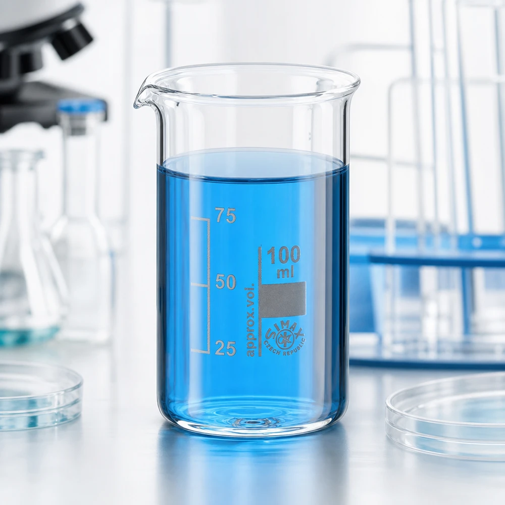 Laboratoriefoto: 100 ml bägare, hög form, med blå vätska på vit bakgrund
