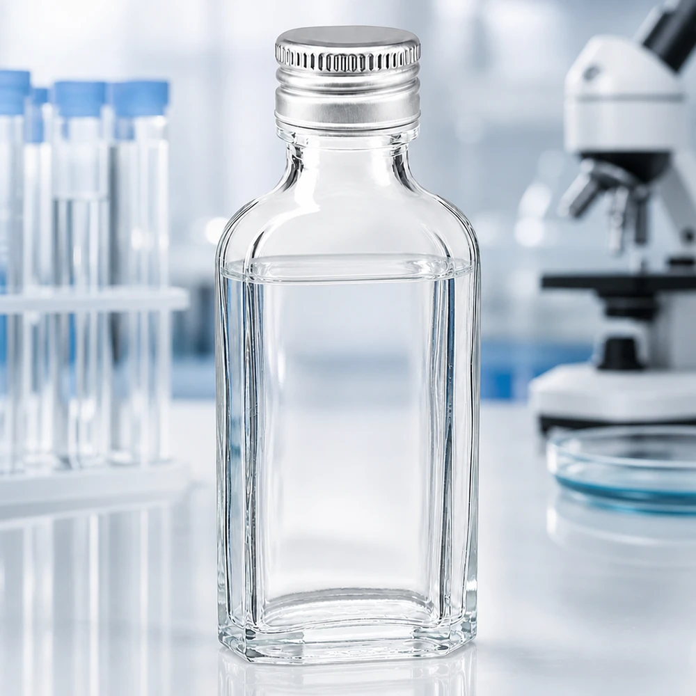 Liten 50 ml laboratorieflaska av klart glas med aluminiumlock PP22 för vetenskapliga ändamål