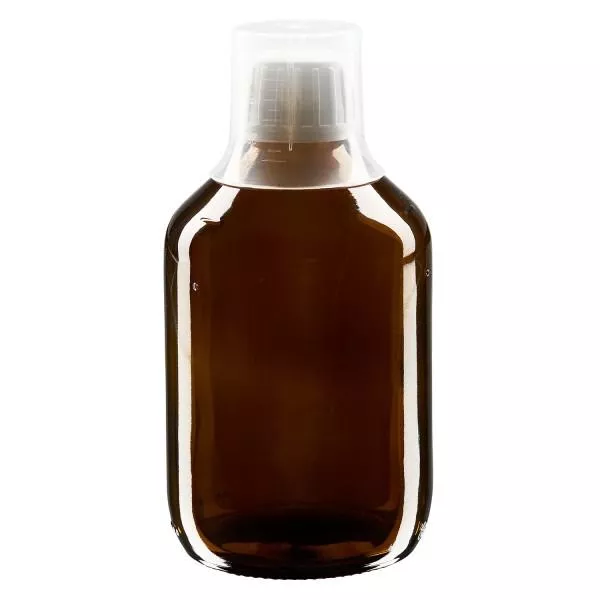 300ml medicinflaska brun, säkerhetsförslutning med doseringsbägare 30ml ApoGlas