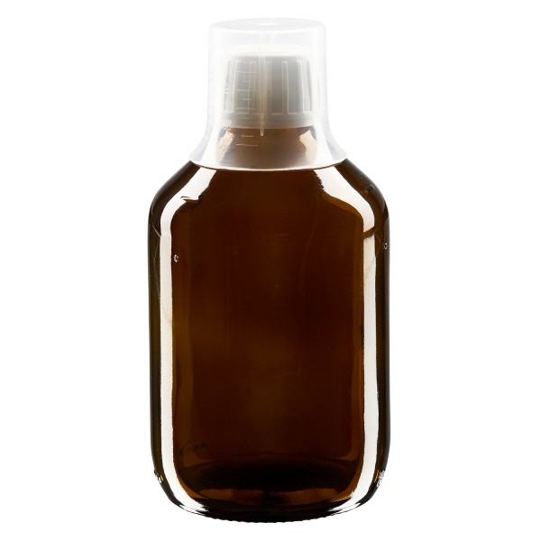 300ml medicinflaska brun, säkerhetsförslutning med doseringsbägare 30ml ApoGlas 300ml medicinflaska brun, säkerhetsförslutning med doseringsbägare 30ml ApoGlas