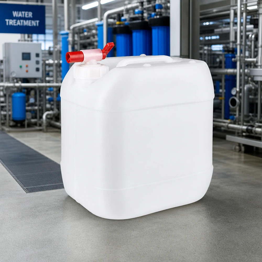 Dunk 15 liter med avtappningskran Livsmedelsgodkänd 15-litersdunk med tappkran i vattenreningsanläggningen