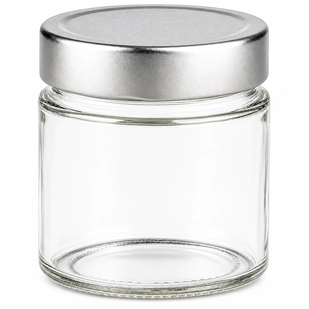 Glasburk 135 ml + lock BasicSeal silver djup UNiTWIST 135ml rund burk med silver BasicSeal-lock tom på vit bakgrund Glasburk förvaringsburk