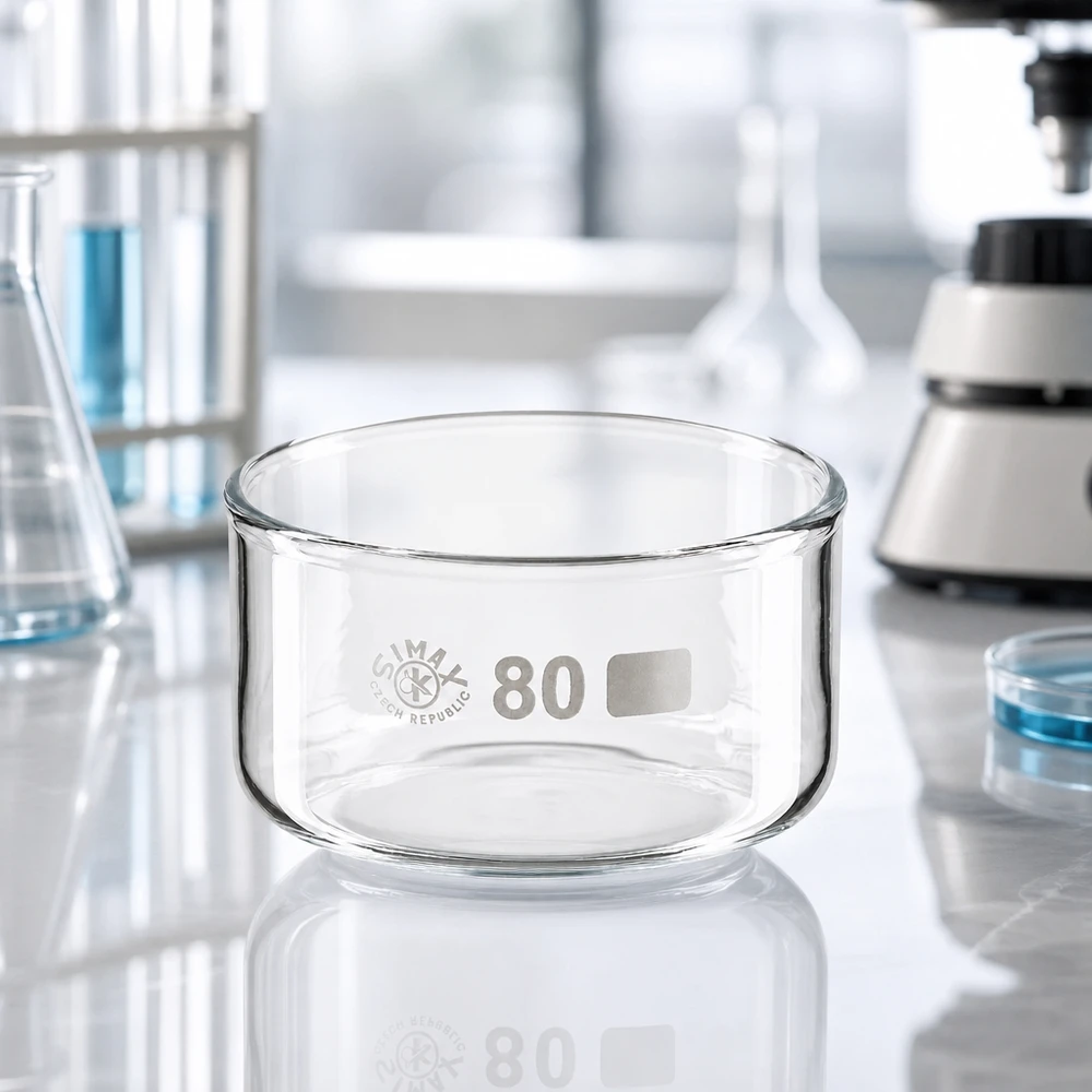 150ml kristalliseringsskål utan pip borosilikat ø80mm SIMAX kristalliseringsskål 150 ml, cylindrisk form utan pip, borosilikatglas, laboratorieglas, 80 mm