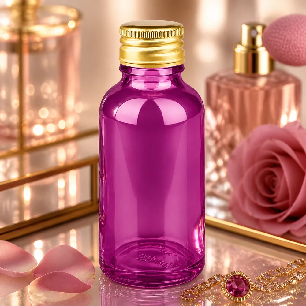 Lyxig 30 ml violett glasflaska med blank yta och elegant guldlock i aluminium STD