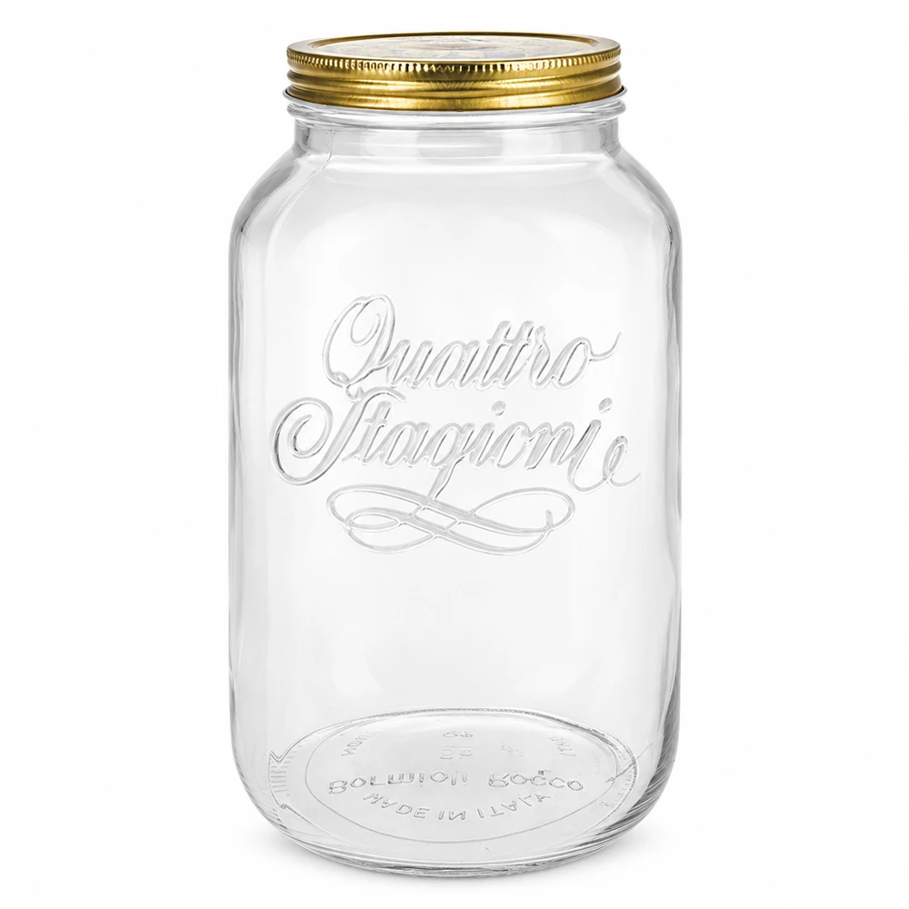 3800ml rund burk "Quattro Stagioni" med lock Quattro Stagioni rund burk 3800ml med gyllene skruvlock konserveringsburk Italiensk design tom