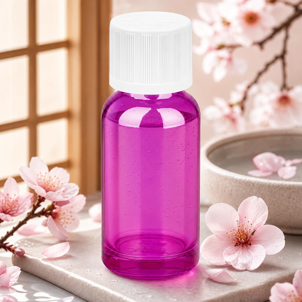 Kompakt 20 ml glasflaska i elegant violett färg med säkert skruvlock för mobila applikationer