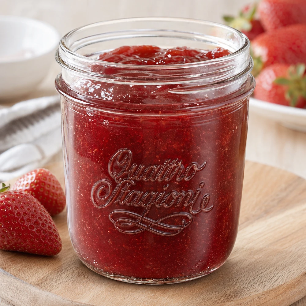 320 ml "Quattro Stagioni" Krossade glasögon QS86mm Quattro Stagioni Sturzglas 320ml mit Erdbeermarmelade gefüllt auf Holzbrett mit frischen Erdbeeren