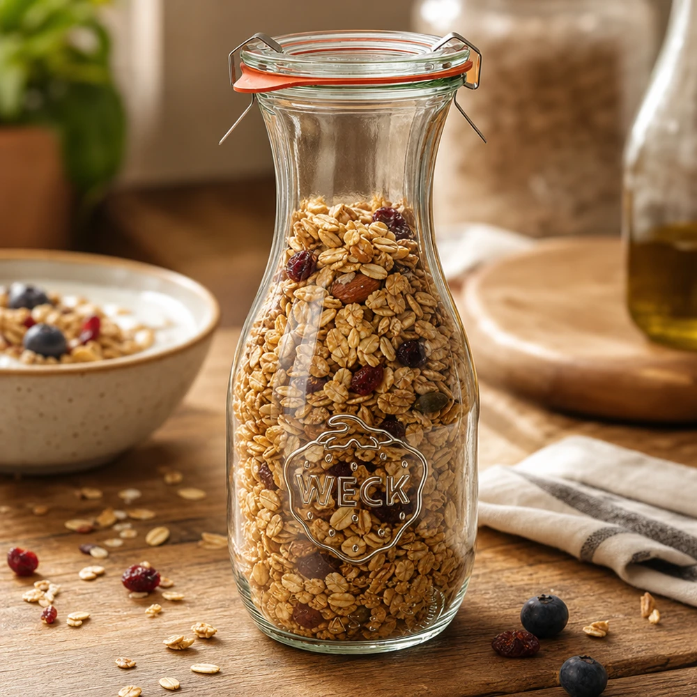 WECK 530 ml juiceflaska RR60 fylld med müsli visar på mångsidig förvaring av flingor och torkad frukt