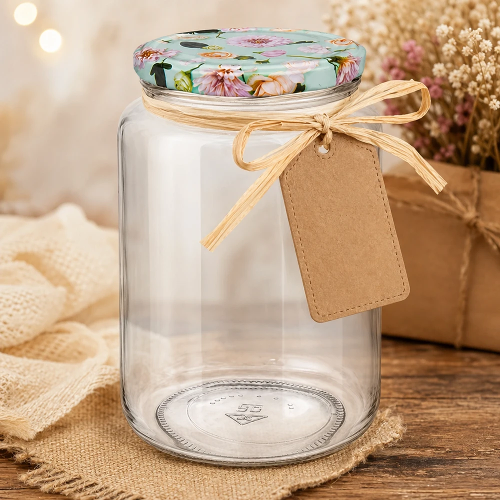 795 ml rund burk med presentband och etikett som present, lock med mintblomma för kreativa DIY-presentidéer