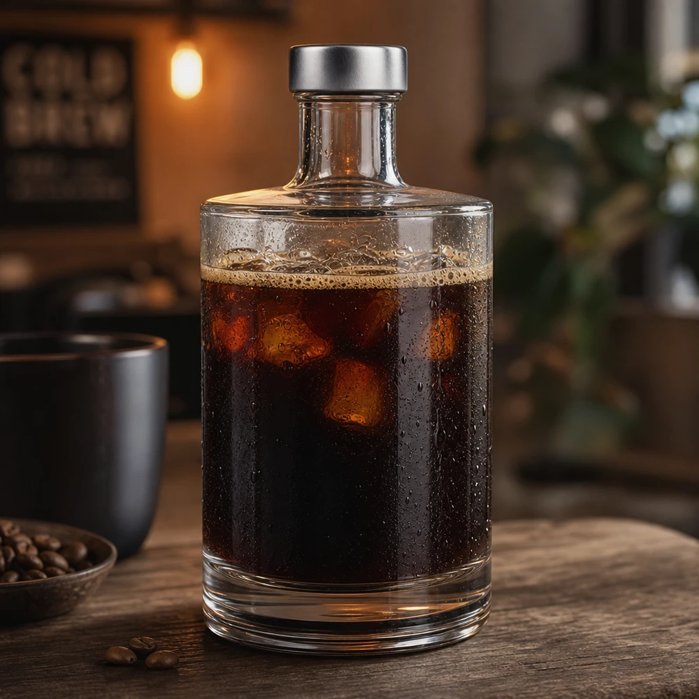 500 ml glasflaska Sam fylld med kallbryggt kaffe på träbord bredvid kaffebönor mysig caféatmosfär