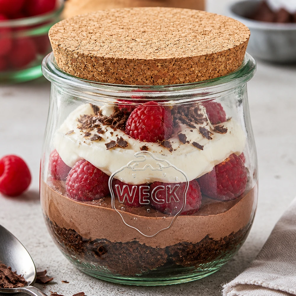 370 ml tulpanburk WECK RR80 med naturkork WECK burk 370ml RR80 med korklock som dessertburk för lagrad dessert med chokladkräm och hallon