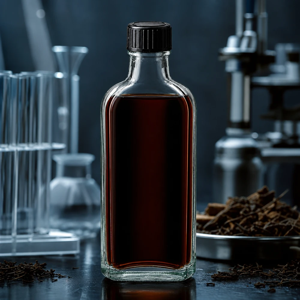 Rektangulär 100 ml Meplat-glasflaska med LKD-tätningsskiva och mörkt växtextrakt i laboratoriet