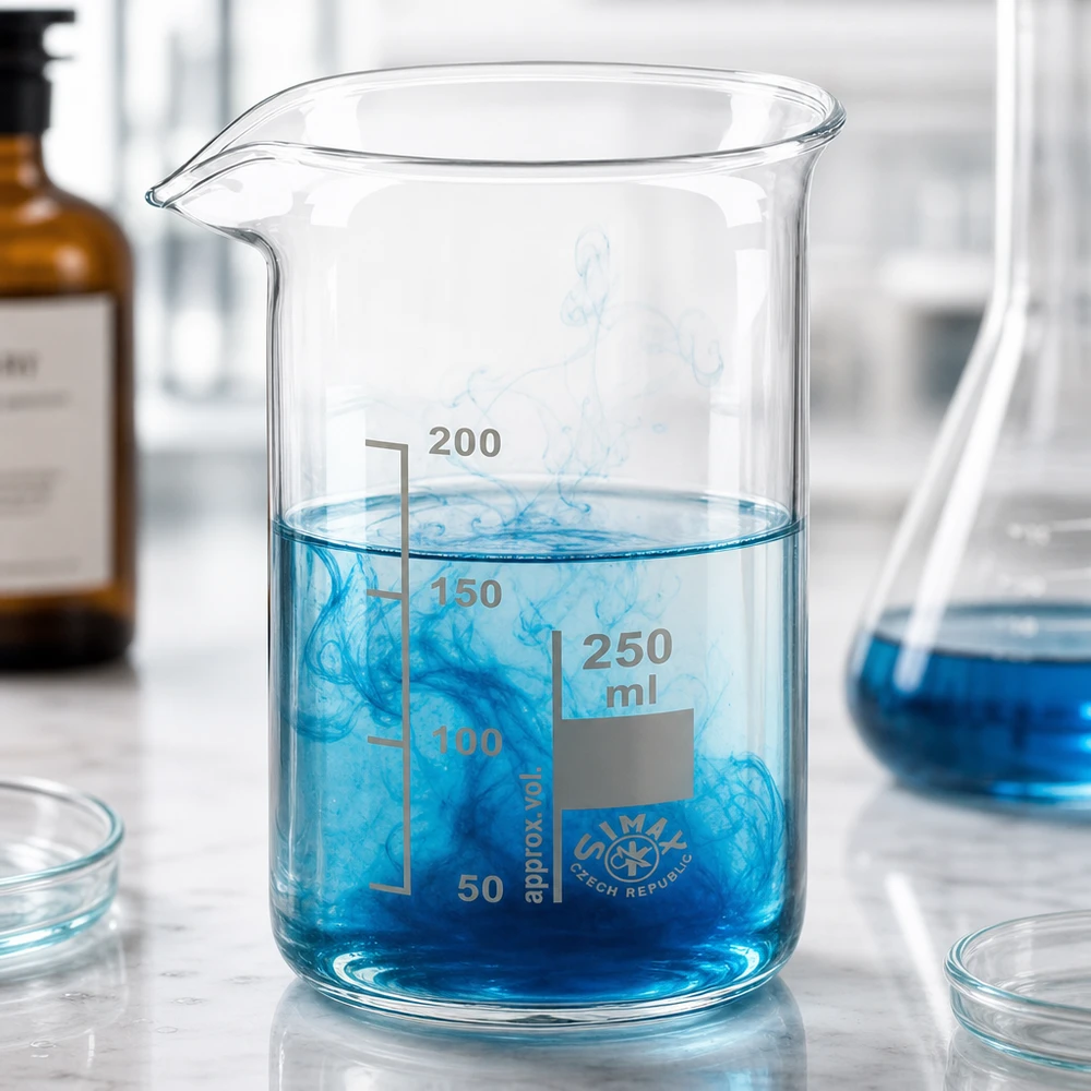 Bägare 250ml borosilikatglas, hög form Eppendorfglas, 250 ml, hög form, med blå vätska och färgämnesmoln i en laboratoriemiljö