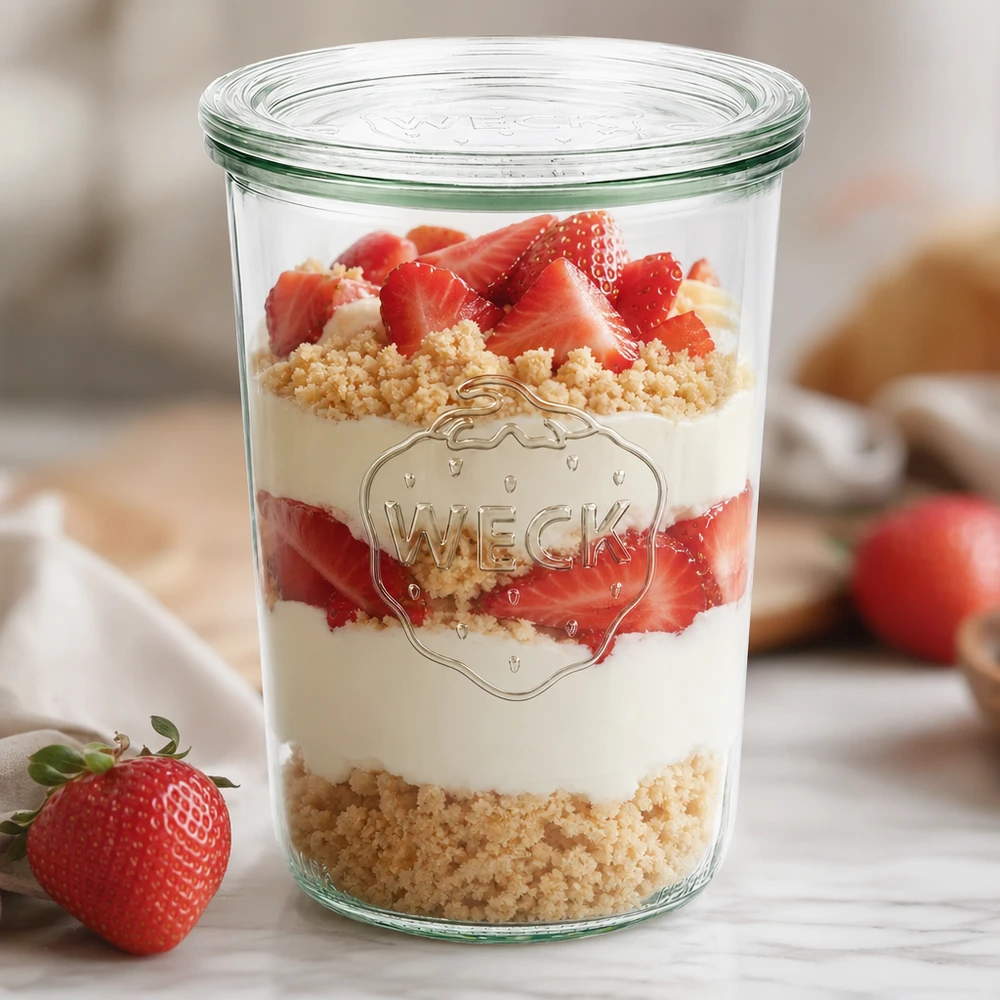 850 ml burk med glaslock WECK RR100 WECK Sturzglas 850ml RR100 als stylisches Dessertglas mit Erdbeeren und Creme zeigt moderne Tischpräsentation