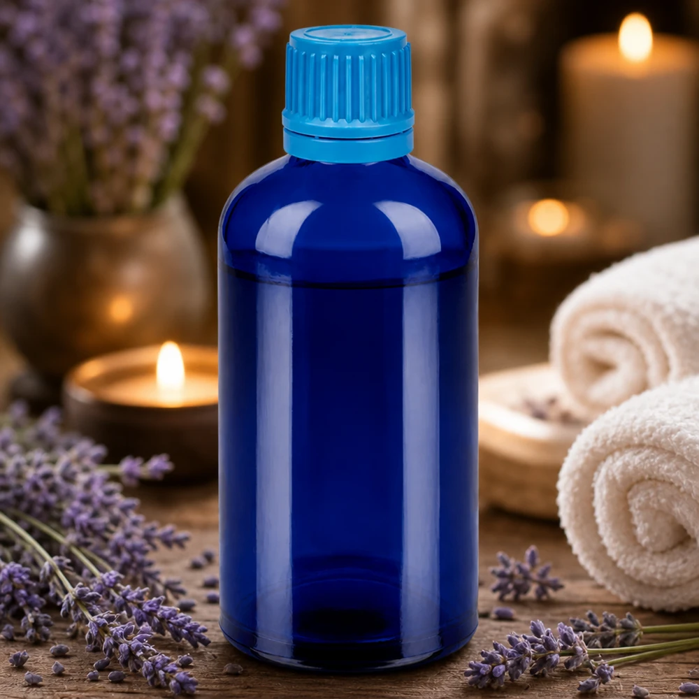 100ml flaska 11mm skruvkork blå säkerhetsförslutning BlueLine UT18/100 Högkvalitativ 100 ml blå glasflaska med 11 mm manipuleringssäkert lock för aromaterapi