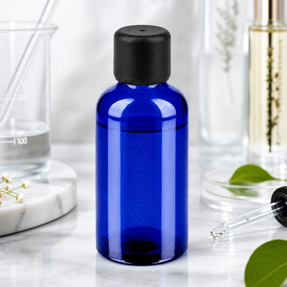 50ml flaska 6mm skruvkork svart standard BlueLine UT18/50 Högkvalitativ 50 ml BlueLine-flaska med UV-skydd för ljuskänsliga ämnen och extrakt