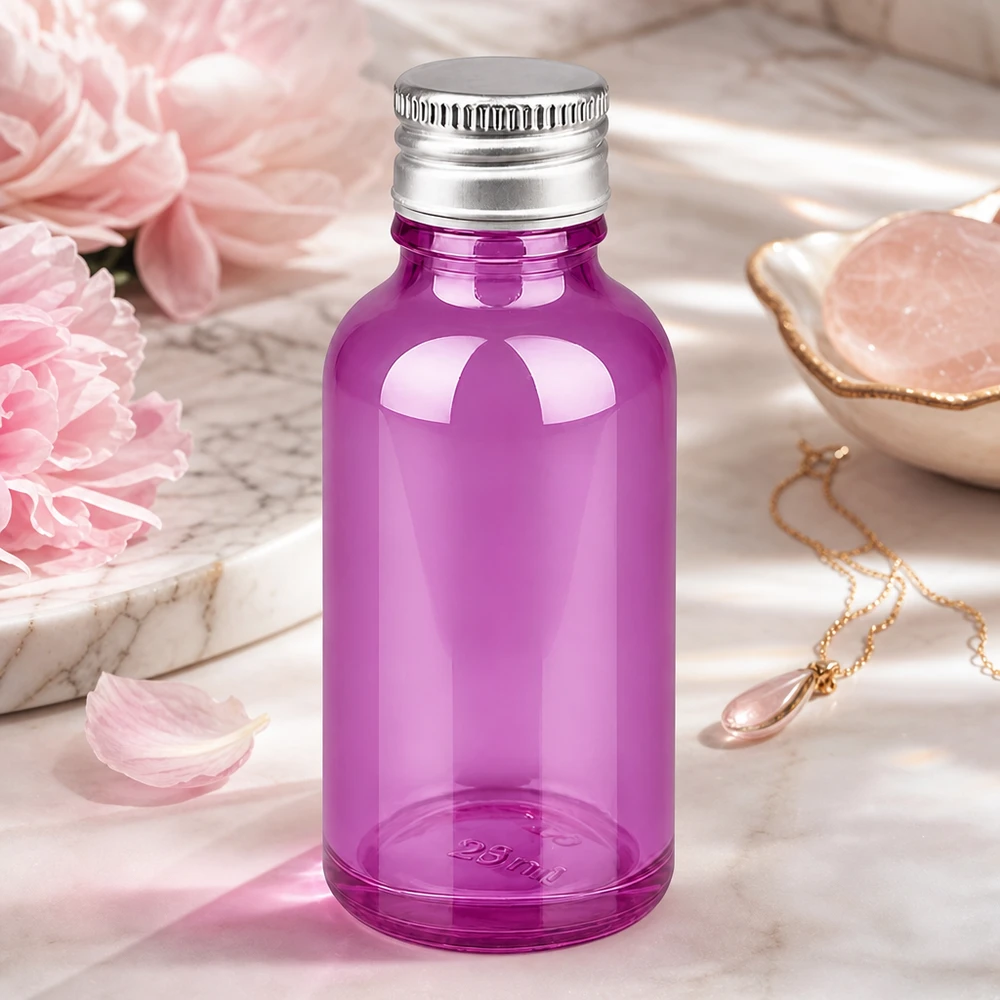 Transparent violett glasflaska 30 ml med glänsande aluminiumlock för aromaterapi