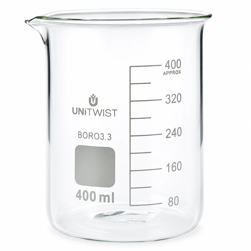 Bägare 400ml borosilikat, lågformad UNiTWIST 400 ml bägare i borosilikatglas med låg profil från UNiTWIST, med milliliterskala