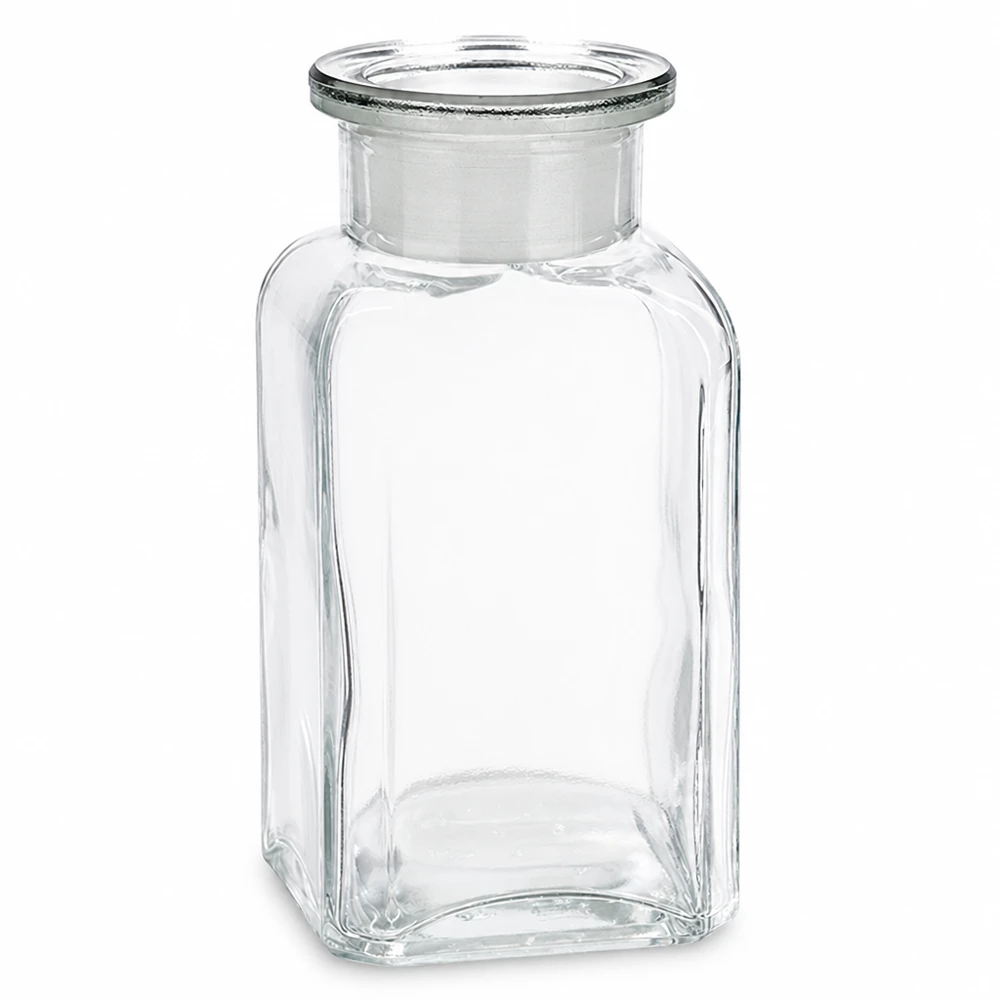 Fyrkantig flaska, 100 ml, klar, med glaspropp och vid hals, för laboratorier och apotek