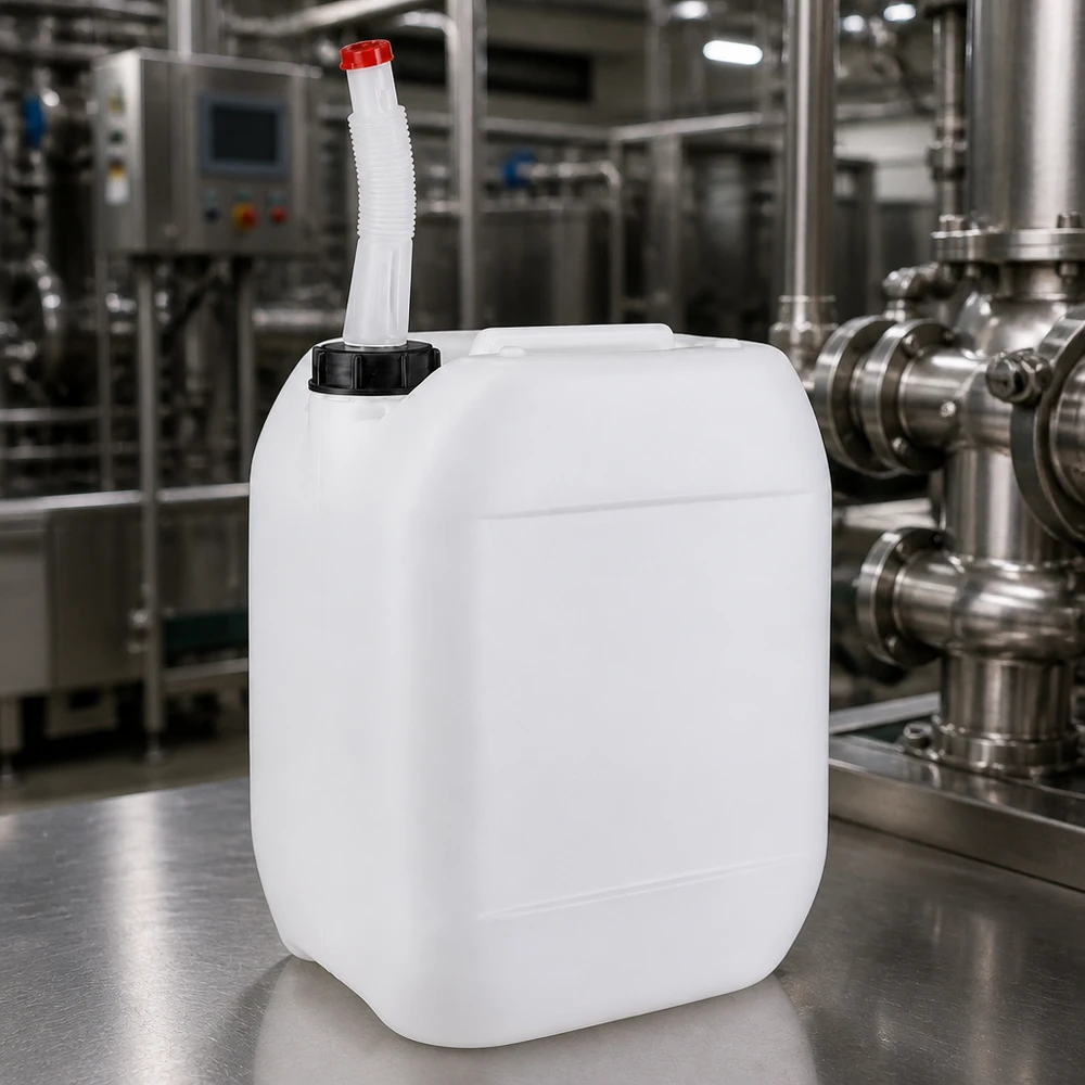 10 liter Dunk med Flex utloppsrör Livsmedelsgodkänd HDPE-dunk på 10 liter med böjbart utloppsrör för säker dosering av vätska