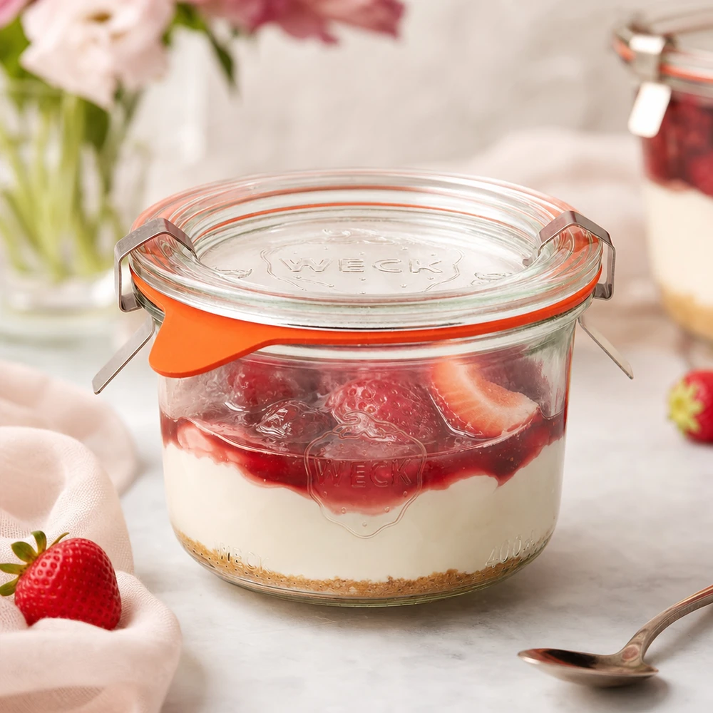 200ml Krossade glasögon komplett WECK RR80 WECK glas 200ml RR80 fyllda med jordgubbsdessert som portionsglas för tiramisu och söta desserter