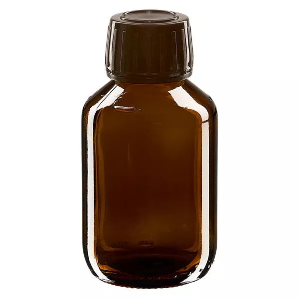 100 ml medicinflaska brun, brun kapsyl med säkerhetsring ApoGlas 100 ml medicinflaska brun, brun kapsyl med säkerhetsring ApoGlas