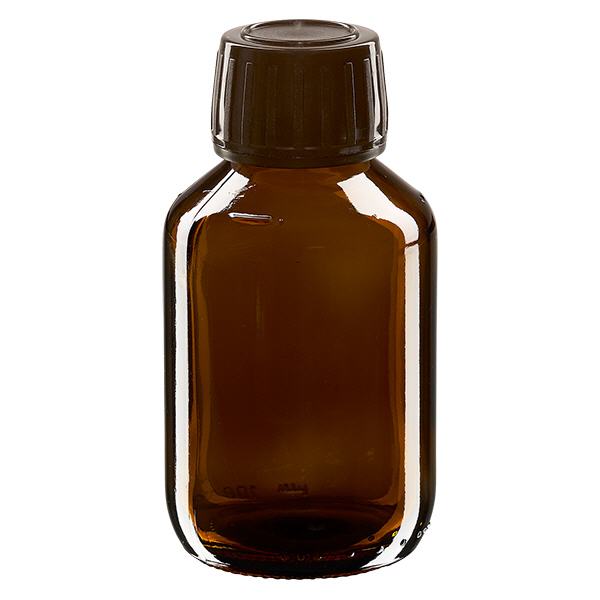100 ml medicinflaska brun, brun kapsyl med säkerhetsring ApoGlas 100 ml medicinflaska brun, brun kapsyl med säkerhetsring ApoGlas