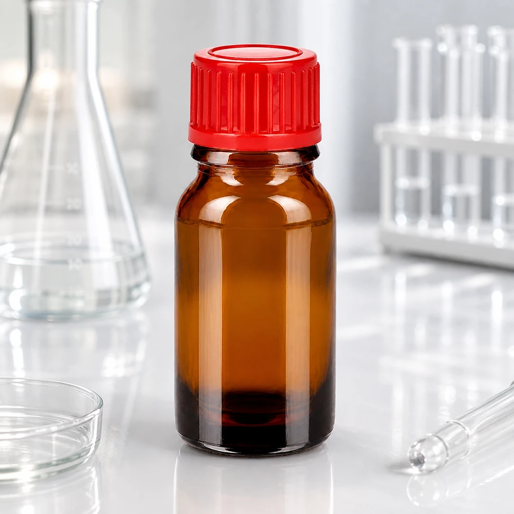 10ml flaska 11mm skruvkork röd standard BrownLine UT18/10 BrownLine 10 ml laboratorieflaska av mörkt glas med rött lock för kemiska ämnen
