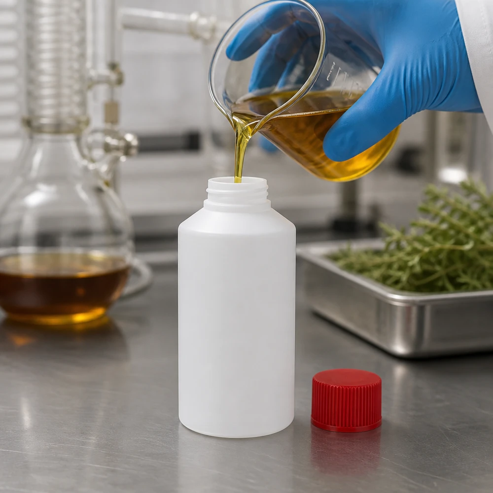 Apoteksflaska HDPE 50ml vit, med rött skruvlock Vit HDPE-plastbehållare på 50 ml med rött säkerhetslock för laboratoriebruk