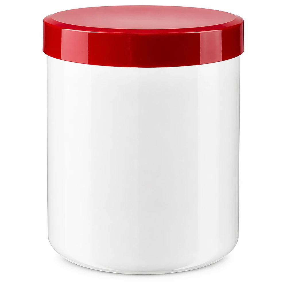 Salvburk 250g vit med rött skruvlock (polypropylen) Salvburk 250 g, vit med rött skruvlock av PP-plast