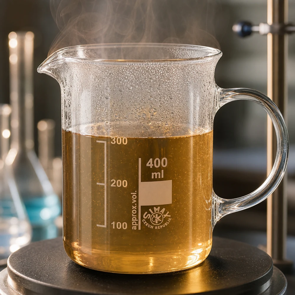 Bägare 400 ml borosilikatglas, med handtag Ångande bägare, 400 ml, med handtag; uppvärmd brun lösning på värmeplattan; borosilikatglas