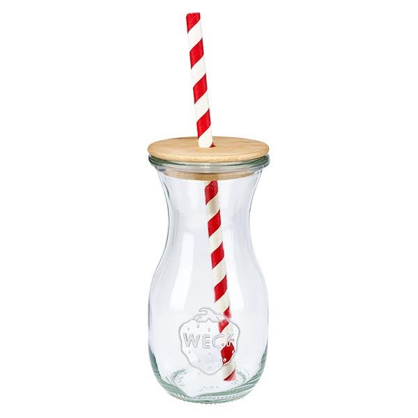 6 x WECK 290 ml juiceflaska RR60 med trälock och 100 eco S WECK dricksflaska 290ml transparent med trälock och röd- och vitrandigt papperssugrör enstaka vy