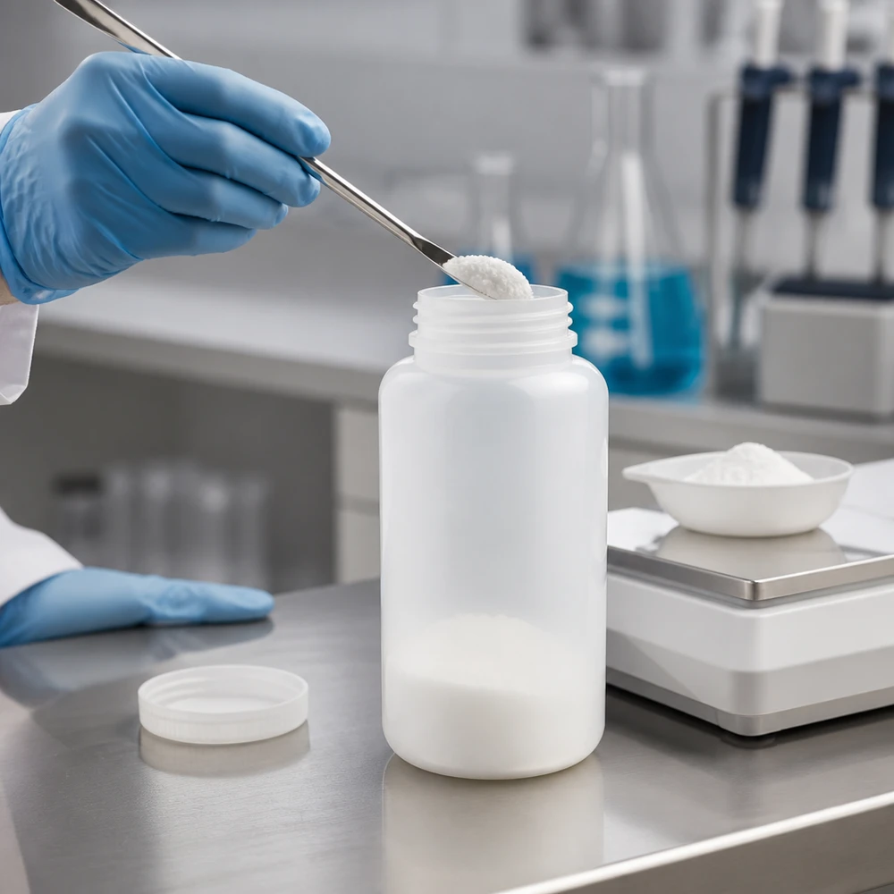Laboratorieflaska 1000 ml med vid hals utan lock, medan en laboratorietekniker fyller den med vitt pulver