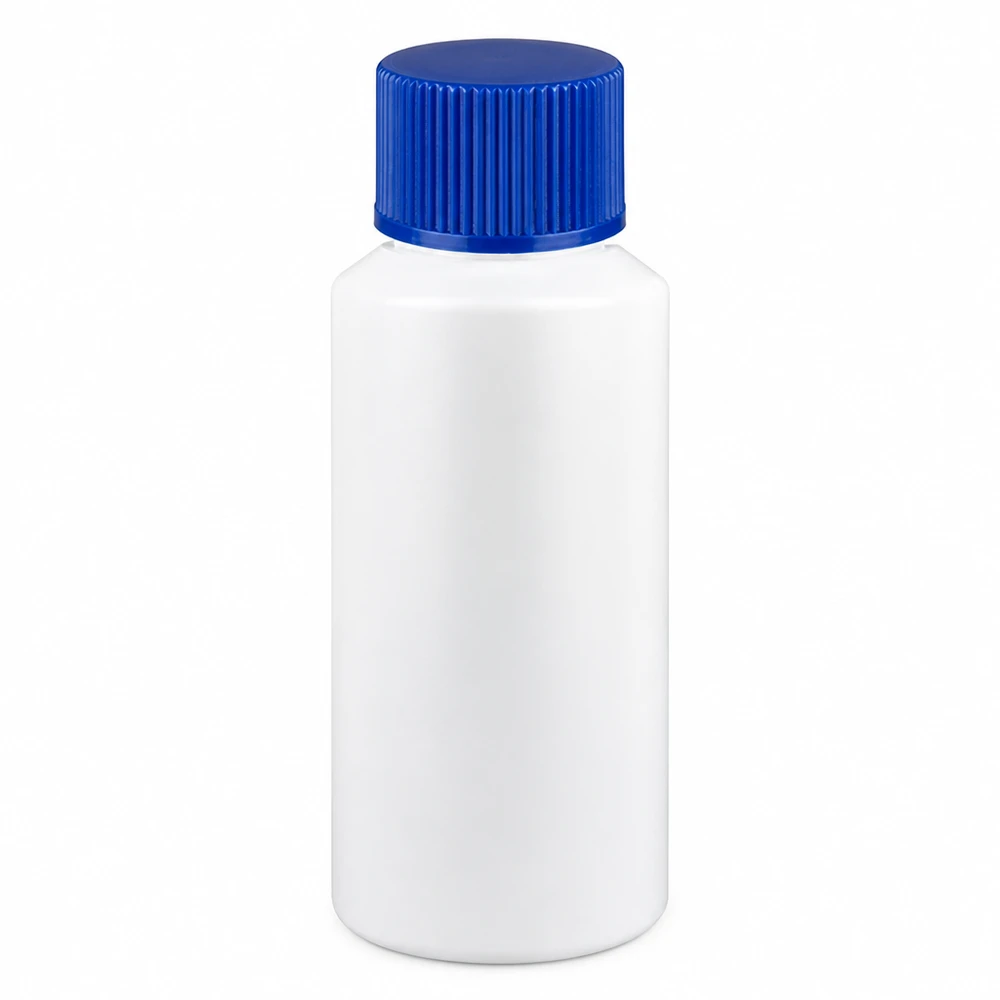 Apoteksflaska HDPE 30ml vit, med blått skruvlock Apoteksflaska i HDPE, 30 ml, vit med blå skruvkork för farmaceutiska tillämpningar