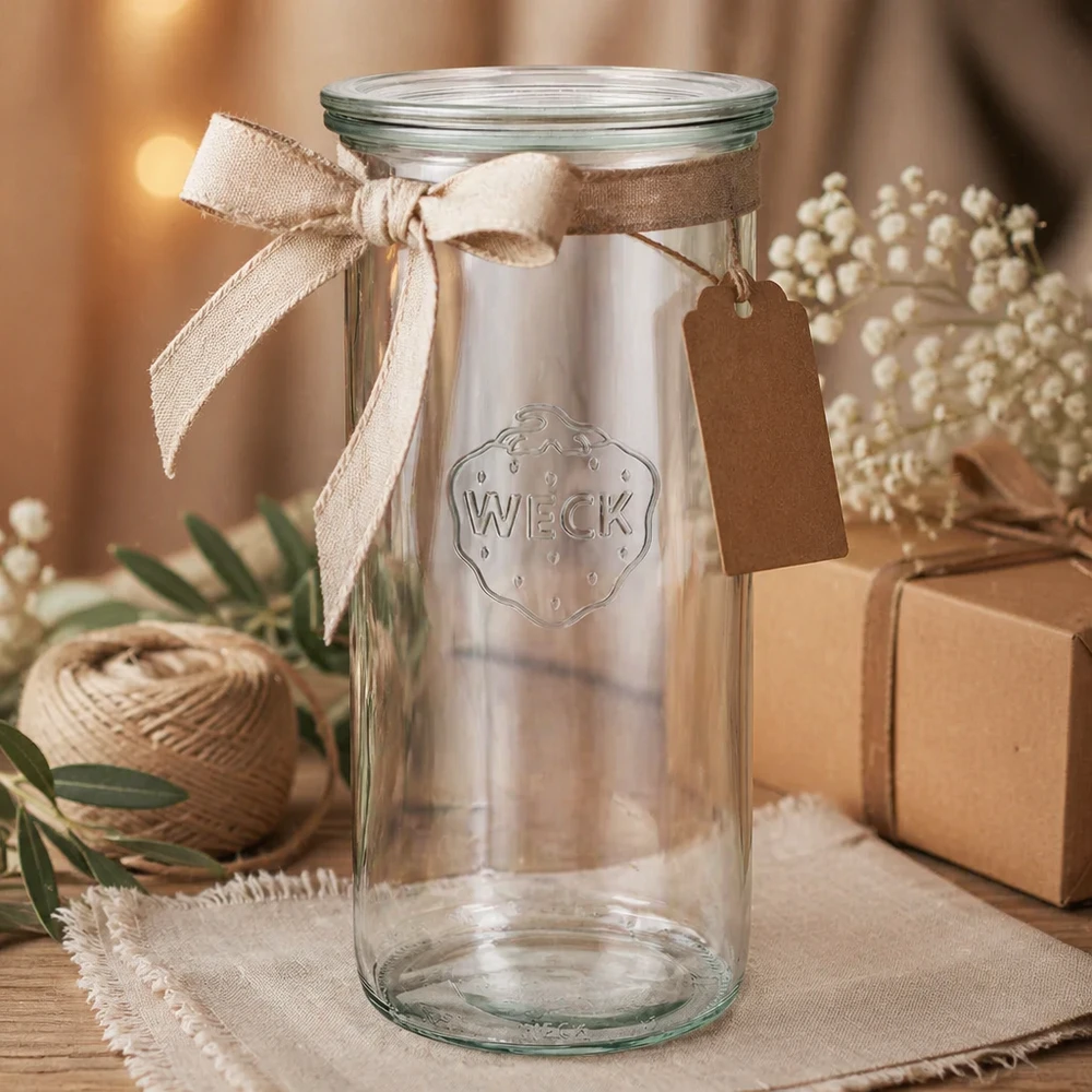 1500ml Krossade glasögon med glaslock WECK RR100 WECK 1500ml RR100 tumblers som en gåva dekorerad med ett beige band och tagg på trä med presentförpackning