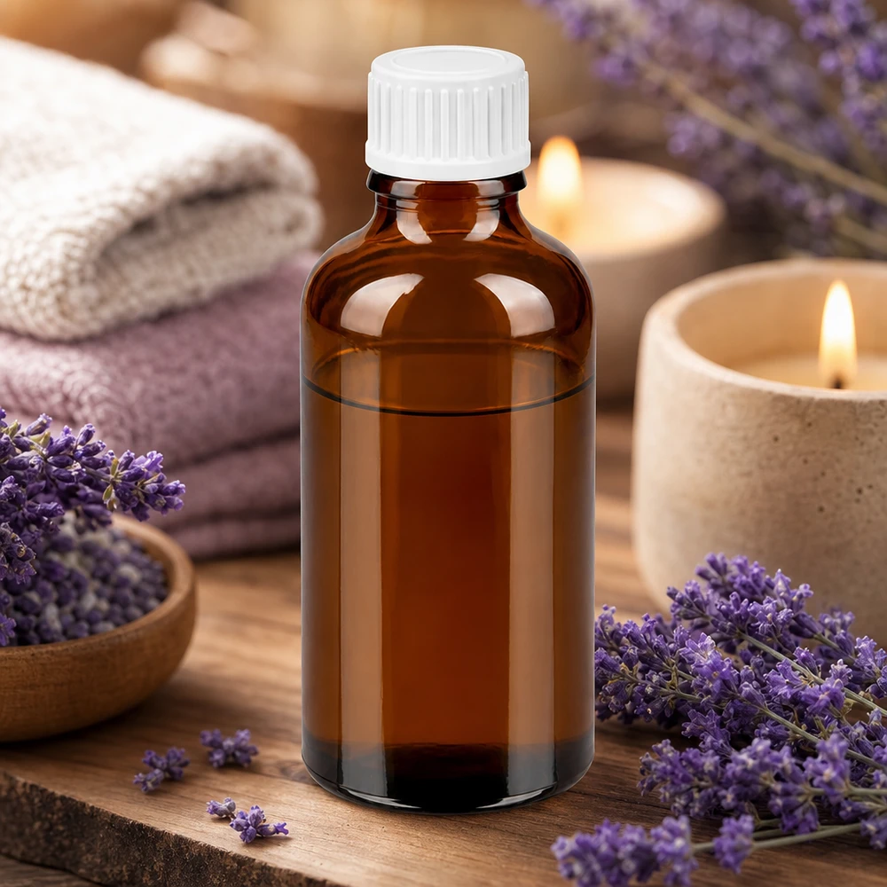 50ml Droppflaska 0,9mm vit standardförslutning BrownLine UT18/50 Liten 50 ml droppflaska av högkvalitativt bärnstensfärgat glas med vitt skruvlock för aromaterapi