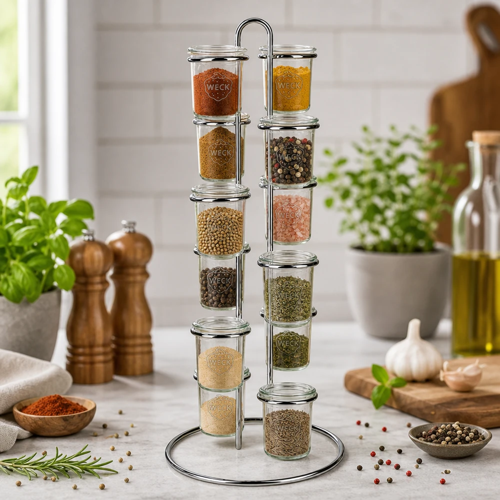 Serveringsställ Vertico12 för 12 WECK Krossade glasögon Elegante Küchenorganisation mit WECK Vertico12 Gewürzkarussell umgeben von frischen Kräutern und Kochutensilien