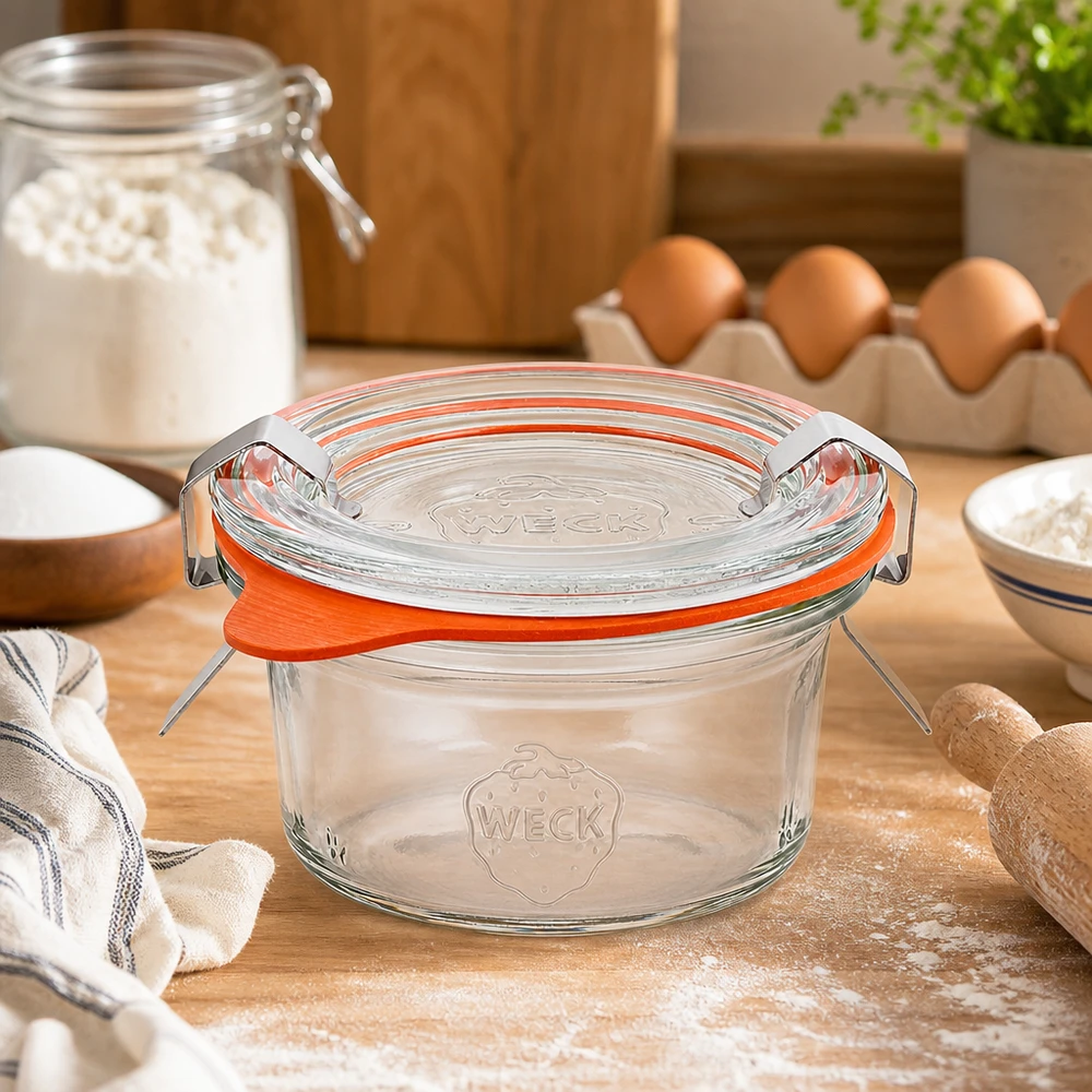 WECK 50 ml-glas RR60 på bänkskiva i trä i bakmiljö med mjöl, ägg och bakingredienser som kökslandskap
